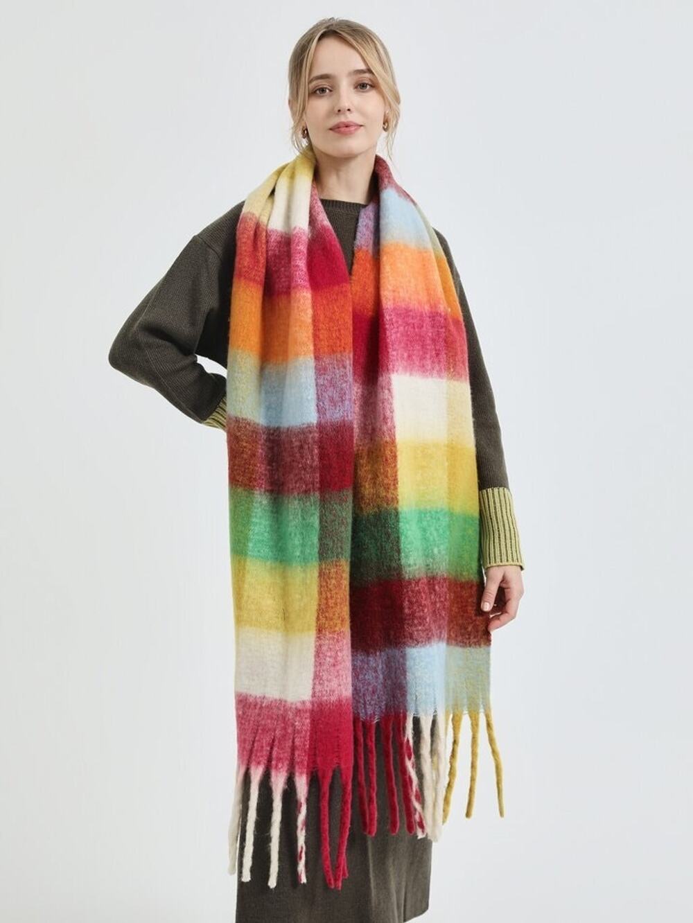 Preppy Women’s Fuzzy Soft Casual Multicolor Textured Long Scarf Frayed Hem